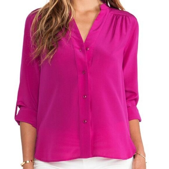 Diane Von Furstenburg Harlow Silk Blouse Top Size 12 Pink Roll Tab Button Down - Picture 1 of 16